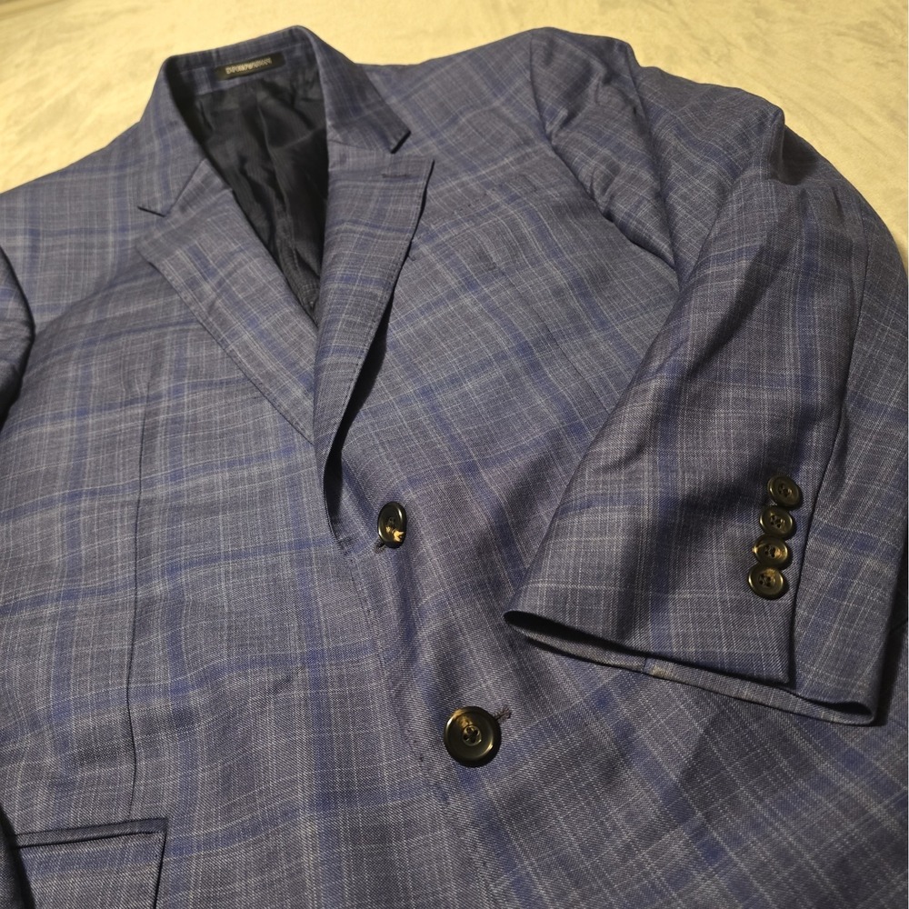 Emporio Armani G-Line Blazer Jacket Blue Plaid Wool Silk Mens 58R Sportcoat - Picture 7 of 14